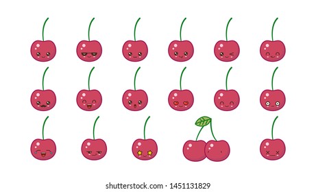 Cherry cute kawaii mascot. Set kawaii food faces expressions smile emoticons. 