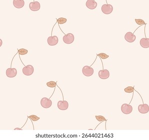 Cherry cute pattern with pink,cherry fruit with olive leaves. Dusty pink cherries, off white  background. Summer fruit print. Perfect for packaging, wallpaper, apparel.