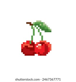 Cherry cute pixel art icon. Funny berry isolated vector illustration. 8-bit. Design stickers, logo, app, embroidery.