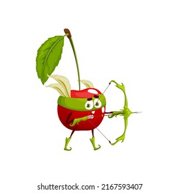 Cherry defender with bow and arrow. Cartoon vector superhero or fairy tale berry character. Fairytale robin hood or indian isolated archer. healthy food, vitamin personage for kids menu, book or game