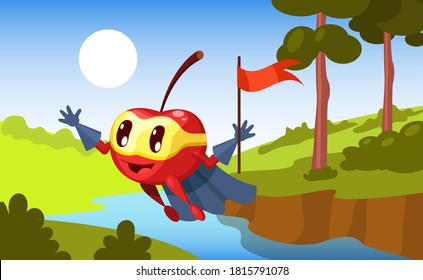 Cherry defender, superhero character in colorful suit and armband, with flag in hand, flying over forest and river. Bright summer landscape of forest with river, trees at sunrise vector