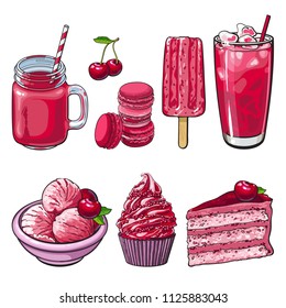 Cherry desserts set in sketch style isolated on white background. Various red sweet food and beverage elements with ripe berry - delicious fruit eating and drink in hand drawn vector illustration.