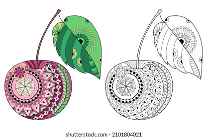 Cherry with a doodle pattern, zentangle. Decorative element for design. Black outline drawing on a white background. Coloring book for children and adults.