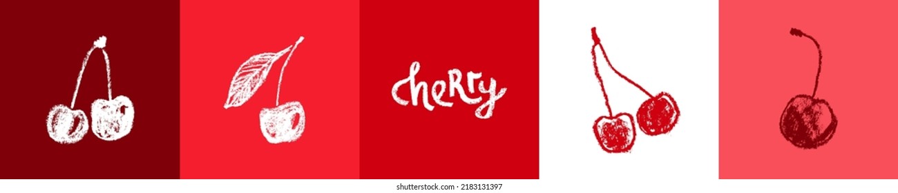 Cherry drawing isolated. Hand drawn fruit sketch. Stencil style icon of merry illustration for baby food logo, juice label design, color berry sign, fruity packaging. Monochrome vector cherries icons.