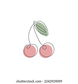 Cherry drawn in one continuous line with color spots. One line drawing, minimalism. Vector illustration.