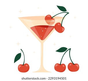 Cherry drink concept. Natural and organic juice or cocktail, alcoholic drink and soda. Symbol of summer season and hot weather. Tasty liquid and beverage. Cartoon flat vector illustration