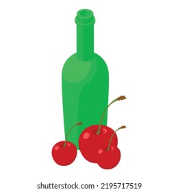 Cherry drink icon isometric vector. Bright ripe cherry, green glass bottle icon. Natural ingredient, berry tincture