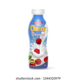 Cherry drinking yogurt bottle. Plastic container with drinking berry yogurt mock-up hyperrealistic illustration