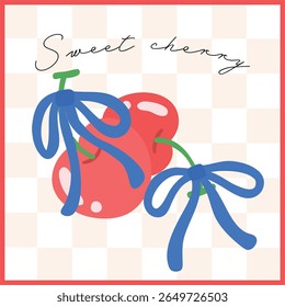 Cherry Duo with Blue Bow – Cute Flat Fruit Illustration
