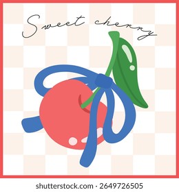 Cherry Duo with Blue Bow – Cute Flat Fruit Illustration
