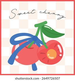 Cherry Duo with Blue Bow – Cute Flat Fruit Illustration
