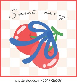Cherry Duo with Blue Bow – Cute Flat Fruit Illustration
