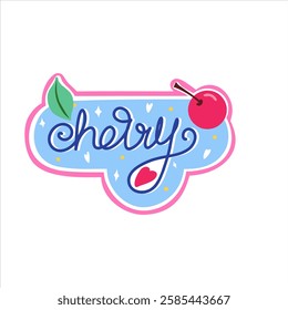 Cherry editable text. Cute cartoon cherry hand drawn lettering in frame with love. Logo, sticker. Vector illustration in a white background.