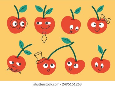 Cherry with faces and different emotions isolated on white background set. Vector flat graphic design cartoon illustration
