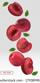 Cherry falling from different angles. Flying cherry with green leaf on transparent background. 3D realistic cherry. Vector illustration