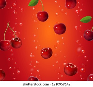 Cherry falling in juice. Berry on red background
