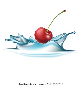 cherry falling in water splash isolated on white