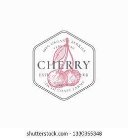 Cherry Farm Badge or Logo Template. Hand Drawn Berries Sketch with Leaf Retro Typography and Borders. Vintage Premium Emblem. Isolated.