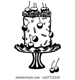 Cherry festive cake on the stand. Vector illustration, hand drawn icon, isolated on white background. Great for logo, greeting card, as a design element.