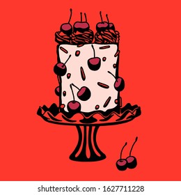 Cherry festive cream cake on the stand, colored. Vector illustration, hand drawn icon. Great for logo, greeting card, as a design element.
