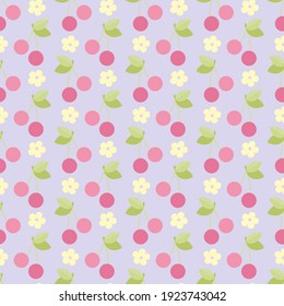 Cherry flat pink with green leaves on a purple background. Seamless simple berry background. Botanical pastel texture for fabric, packaging, textile, wallpaper, clothing. Scalable to any size, vector