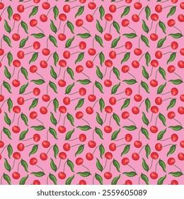 Cherry flat seamless pattern on pink background. Wrapping paper, gift card, poster, banner design. Home decor, modern textile print. Summer bright geometric fruits patterned.