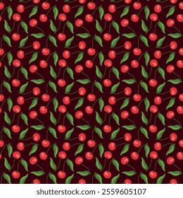 Cherry flat seamless pattern on red background. Wrapping paper, gift card, poster, banner design. Home decor, modern textile print. Summer bright geometric fruits patterned.