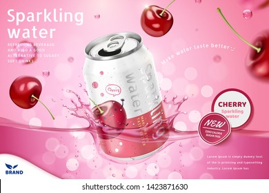 Cherry flavor sparkling water ads with product soaking in the liquid on pink bokeh background, 3d illustration