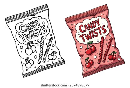 Cherry Flavored Candy Twists Line Art Vector Illustration Black and White with Coloring Sample. Bold and Easy Food, Fruits, Sweets, Drinks, Dessert, and Snacks Coloring Pages for Adults and Kids