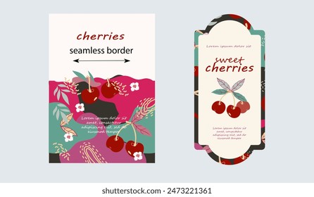 Cherry flavored food, juice and jam packaging label or sticker design template, hand drawn vector illustration. Cherry packaging design element, label or tag.