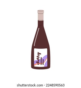 Cherry flavored juice in glass bottle. Refreshing sweet drink. Juicy beverage with berry taste. Summer refreshment, organic natural lemonade. Flat vector illustration isolated on white background
