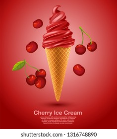 Cherry : Flavored Soft Ice cream Set : Vector Illustration
