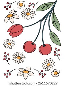 Cherry Floral Pattern Vector – Hand Drawn Daisies and Fruit with Leaves in Vintage Botanical Style
cherry, floral, pattern, daisy, leaves, fruit, blossom, berry, vintage, botanical