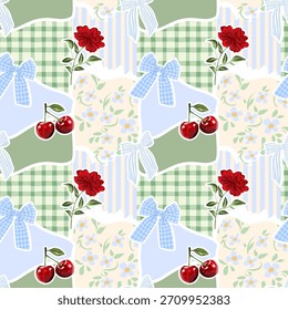 Cherry, Floral, and ribbon bows Patchwork Pattern. Vintage Cottagecore Gingham Seamless Design