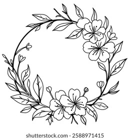 Cherry flower blossom Frame Wreath, botanical art. Spring almond, sakura, branch, hand draw doodle line art illustration. black ink art, isolated on white background. Realistic floral bloom sketch.
