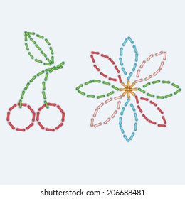 Cherry and flower  colorful  stitches vector for icon or decoration