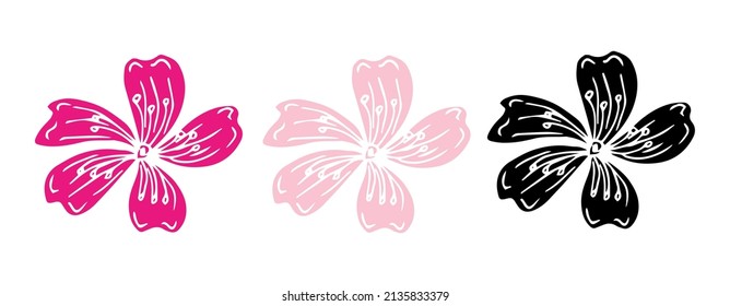 Icono de flor de cerezo conjunto en tres colores rosa, rosa claro, negro 