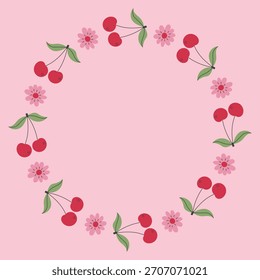 Cherry Flower Leaf Wreath Card. Cute Romantic Blossom and Berry Botanical Circle Frame. Fruit round border for Spring Greeting Poster Invitation Template. Vector