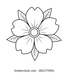 Cherry flower with leaves old school classic traditional tattoo. Hand Drawn Black Outline Doodle Logo Icon. Coloring book page. Stock vector illustration isolated on white background.