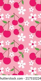 Cherry and Flower Pattern, Pink seamless Cherry, Cherry pink Background, Cherry Wallpaper Love Cards Vector Stock Vector Illustration.