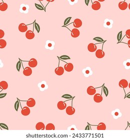 Cherry with flower seamless pattern. Kid decoration. Vector illustration.