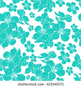 Cherry flower seamless pattern. Romantic background with sakura flowers and leaves