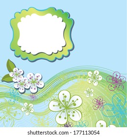 Cherry Flowers or Apple Flowers.Spring or summer Design template.Abstract background  and label with flowers.Use as template,screensaver,cover,background.Cold color.Vector illustration