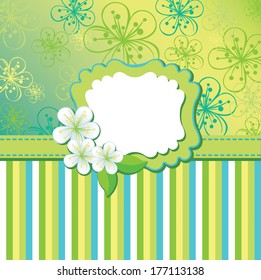 Cherry Flowers or Apple Flowers. Spring or summer Design template. Abstract background  and label with flowers. Cold color. Vector illustration