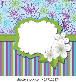 Cherry Flowers or Apple Flowers. Spring or summer Design template. Abstract background  and label with flowers. Cold color. Vector illustration