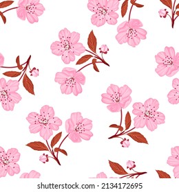 Cherry flowers background. Floral vector seamless pattern. Cartoon flat illustration.