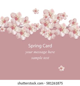 Cherry flowers blossom spring card Vector illustration. Delicate decor for anniversary, wedding, birthday, events.