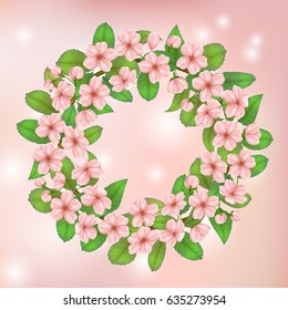 Cherry flowers blossom wreath card. Vector illustration. Delicate decor for anniversary, wedding, birthday, events. Sakura flowers, buds and leaves