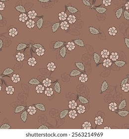 Cherry flowers. Cherry blossoms seamless pattern. Floral Brown Background. Hand drawn Vector illustration