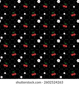 Cherry , Flowers on black background , Fabric pattern , Wrapping paper , Seamless pattern